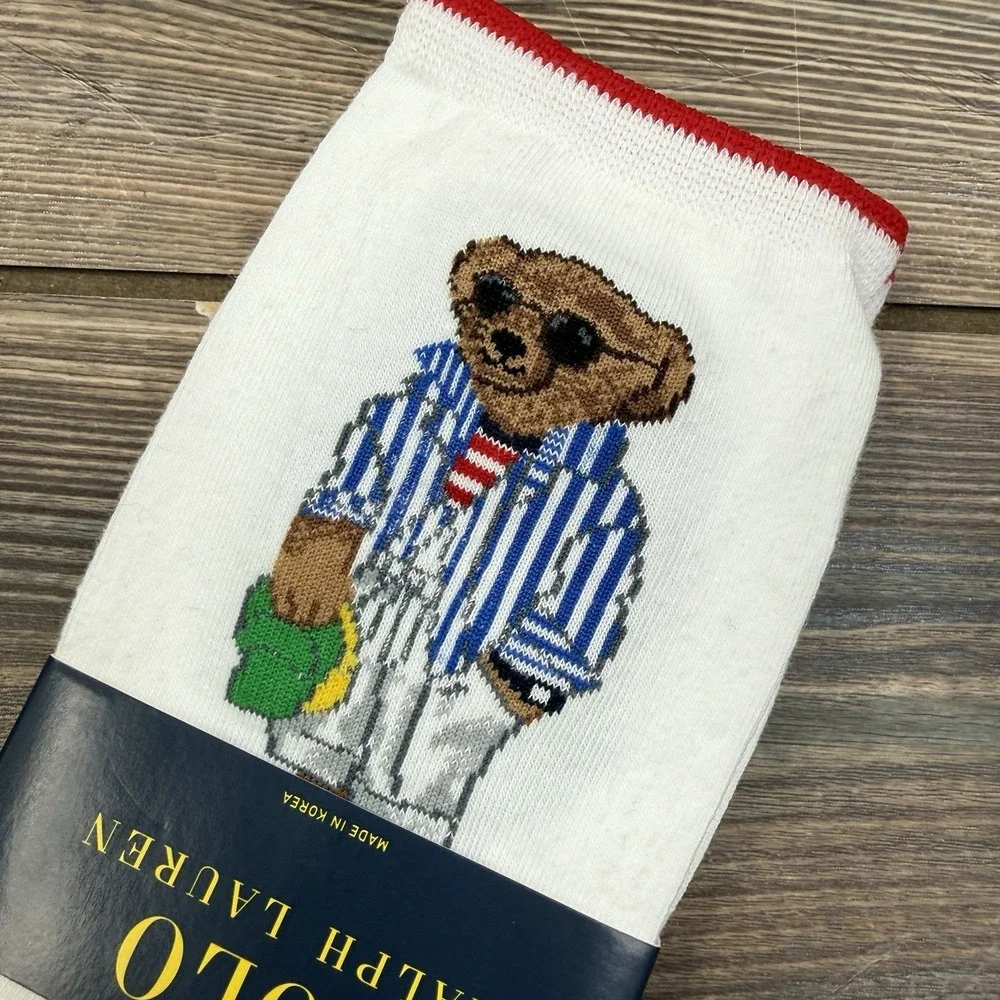 Polo‎ Ralph Lauren Women's Polo Bear Crew Socks Striped Bear White SZ 9-11 NWT